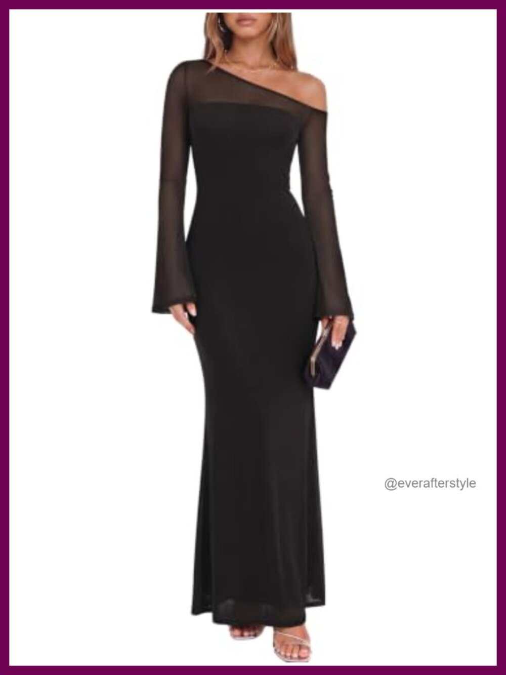 Women's Sheer Mesh One Shoulder Bell Sleeve Bodycon Maxi Dress Formal Cocktail